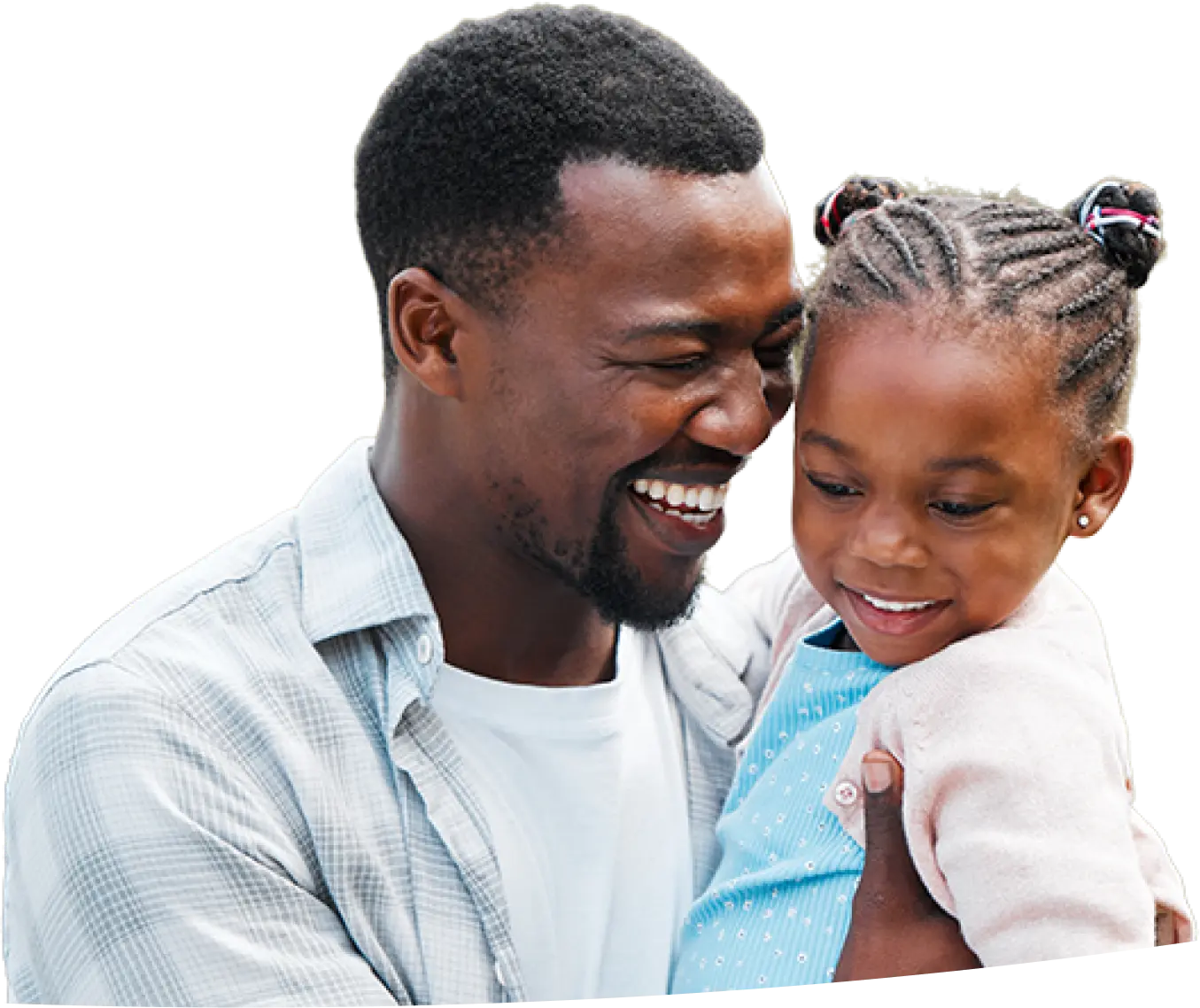 Black father smiles at his young black daughter.